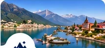 Mountain lake and town on a group tour